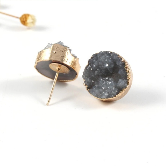 Indie Boho Druzy Grey Crystal Quartz Stud Earrings - Picture 2 of 8